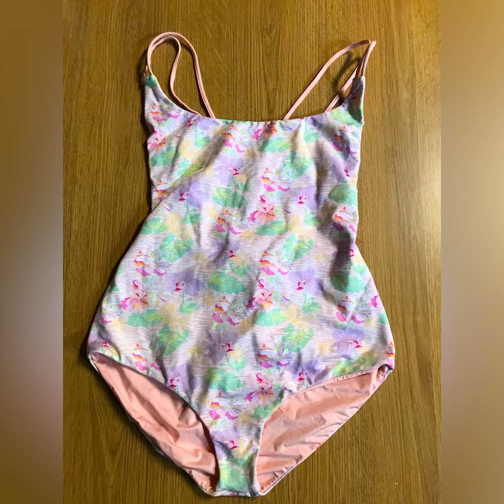 Peach One-Piece Swimsuit with Floral Accents